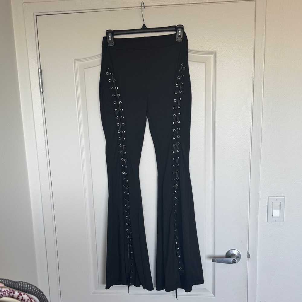 Black Lace-Up Flared Pants - 32 in Long